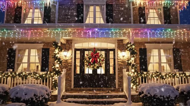 Decorated House at Christmas - A two-story house is decorated with Christmas lights and a wreath on the front door. It's snowing, and snow has accumulated on the bushes in front of the house.