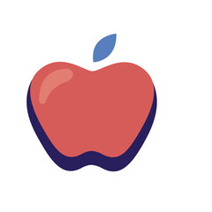 Stylized red apple with a blue leaf on a transparent background representing healthy eating and organic food