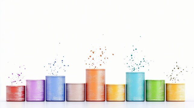 A row of colorful paint cans, varying in height and color, are arranged like a bar graph, with paint splatters above them.