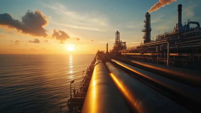 Industrial Sunrise: Golden light bathes an expansive oil refinery, set against the backdrop of a serene ocean and an awe-inspiring sunrise.