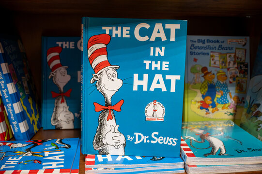 Turkey, Istanbul - 13 june 2025. A vibrant display of Dr. Seuss's "The Cat in the Hat" books and other children's stories, prominently featured on shelves