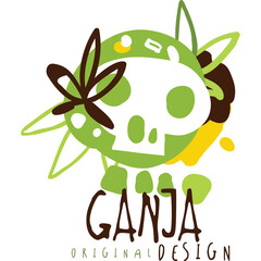 Stylized Skull Logo With Ganja Original Design Text And Green Brown Yellow Accents Against Transparent Background