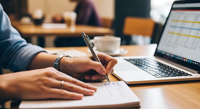 Person working at a desk with laptop and notebook.
