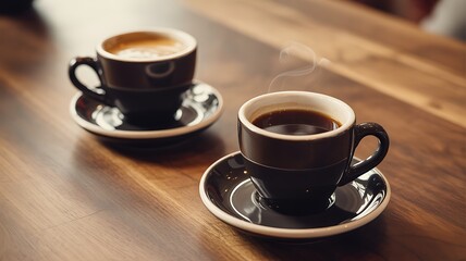 Fototapeta premium Two Cups of Hot Coffee on a Wooden Table