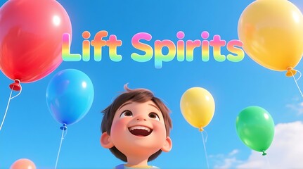 Cartoon boy looks up at colorful balloons lifting spirits on a bright sunny day