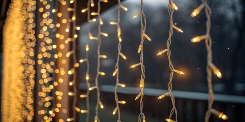 Close up of warm golden fairy lights strung vertically creating a magical bokeh effect and soft glowing ambiance perfect for festive celebrations and cozy atmospheres