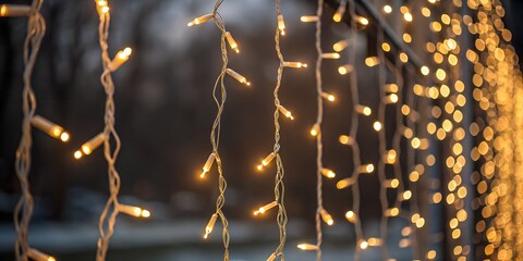 Close up of warm golden fairy lights strung vertically creating a bokeh effect with a shallow depth of field for a festive and magical atmosphere