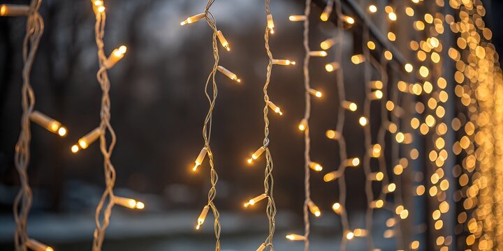 Close up of warm golden fairy lights strung vertically creating a bokeh effect with a shallow depth of field for a festive and magical atmosphere