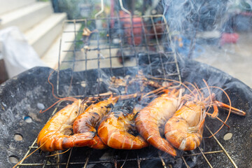 Giant river prawn shrimp grilled on fire