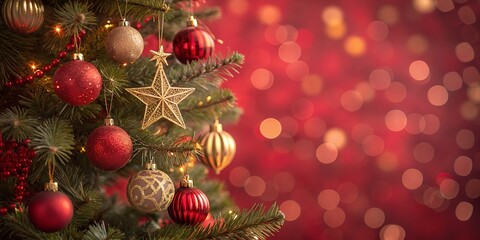 Close up of a beautifully decorated christmas tree with red and gold ornaments and a golden star set against a soft bokeh background of glowing red lights for a festive holiday celebration