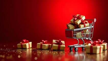 A miniature shopping cart trolley with gift boxes, presents, space - Christmas, winter season, holiday online shopping, sale, promotion, discount, buy, purchase, consumerism, e-commerce, black friday