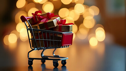 A miniature shopping cart trolley with gift boxes, presents, space - Christmas, winter season, holiday online shopping, sale, promotion, discount, buy, purchase, consumerism, e-commerce, black friday