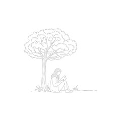 Person Reading Book Under Tree Line Art