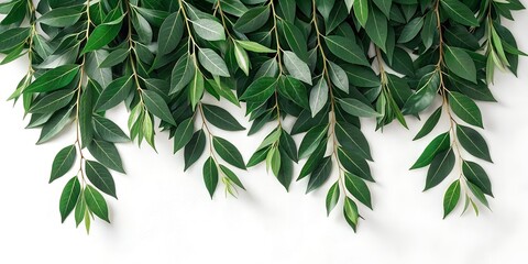 A cascade of lush green leaves hangs down against a clean white background creating a natural and organic decorative border or backdrop with soft shadows