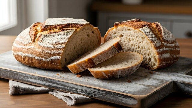 Rustic sourdough bread loaf sliced on a wooden cutting board