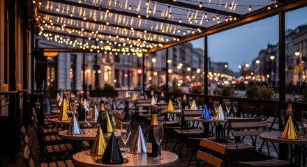 Obraz premium Elegant outdoor restaurant with string lights at dusk, city view.