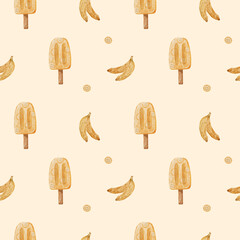 Summer Ice Cream Background. Seamless watercolor pattern with Banana fruit ice cream. Design for menu and textile, wrapping, scrapbooking and stationery