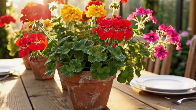 Colorful Geraniums on Outdoor Table Setting - The video shows several terra cotta pots with blooming geraniums of various colors, including red, yellow, and pink, arranged as a centerpiece on a