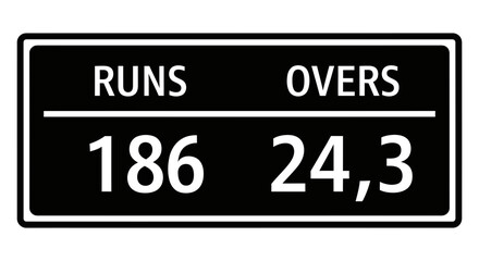 Fototapeta premium Cricket score graphic showing runs and overs, 186 runs and 24.3 overs, a representation of a game, information for sporting news or results
