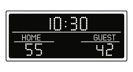 Digital scoreboard displaying 1030 time with home team scoring 55 points and guest team scoring 42 points, representing a sports competition result