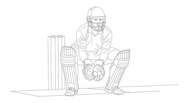 Line drawing of a cricket wicket keeper in a ready stance behind the stumps, a minimalist vector graphic capturing the focused player in action