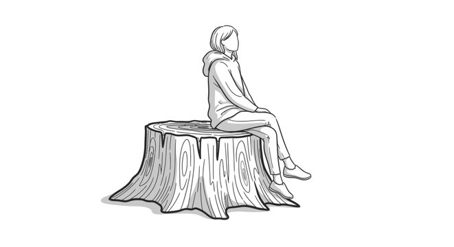 Contemplative figure sitting on a tree stump in black and white line art isolated with serenity
