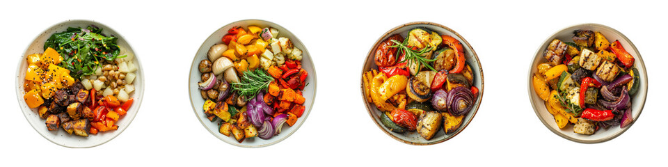 Delicious bowls featuring vibrant roasted grilled vegetables legumes
