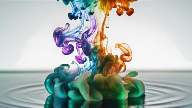 Cinematic macro shot of iridescent ink dispersing in slow motion through clear water, forming elegant, swirling nebulas of color