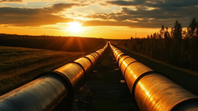 Pipelines to Horizon: A vast network of parallel pipelines stretching into the distance under a breathtaking sunset, symbolizing the flow of resources and energy across the landscape.