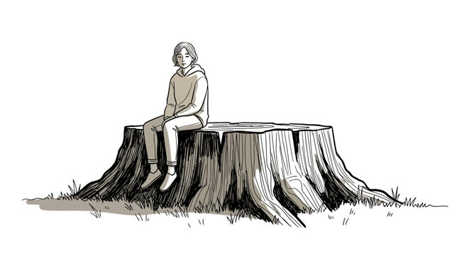 Illustration of a contemplative woman perched thoughtfully on a weathered tree stump in monochrome
