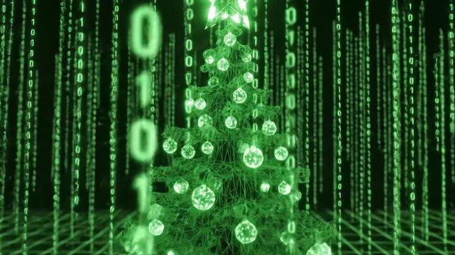 Digital Christmas Tree - An eerie but festive Christmas tree glows green in a digital landscape with matrix-style binary code falling in the background.
