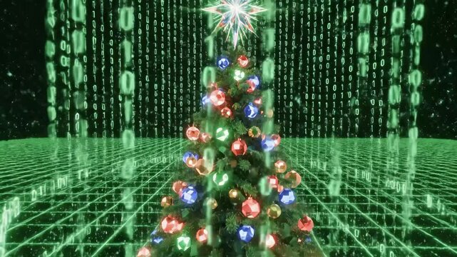 Digital Christmas Tree - A Christmas tree decorated with red, blue, and gold ornaments is shown against a background of green binary code and a grid.