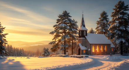 Serene winter church bathed in golden sunset light amidst snow-covered pine forest and rolling hills