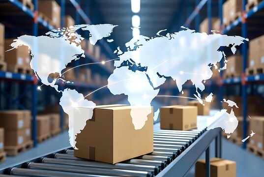 Global logistics and worldwide shipping concept with boxes on a conveyor belt