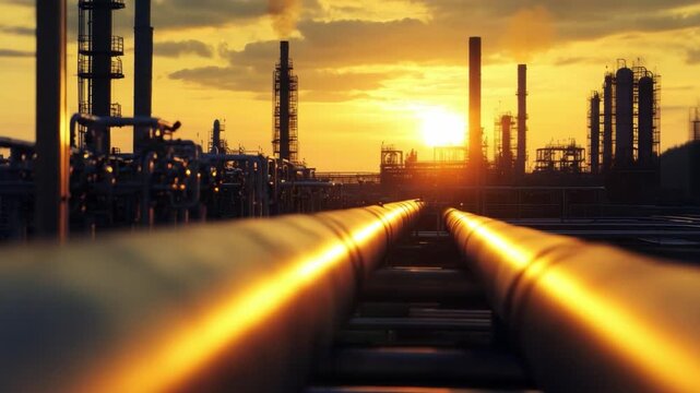 Industrial Sunset: An industrial landscape at sunset, featuring pipelines and towering structures, bathed in warm golden light, a scene that evokes both power and environmental impact.