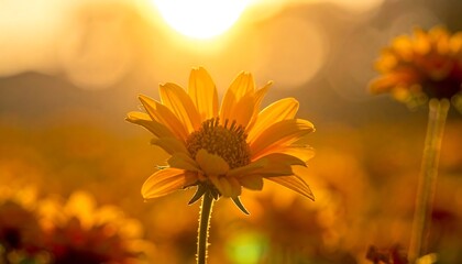Close-up of yellow flower blooms bathed in warm sunlight