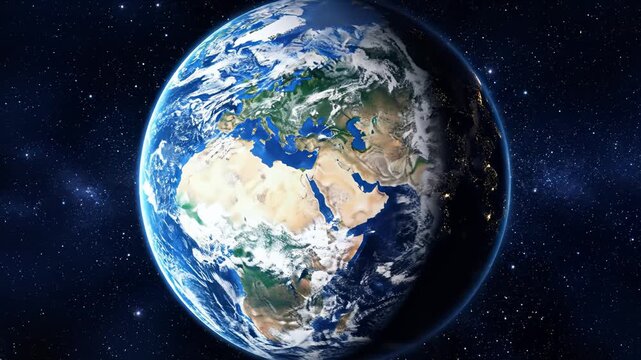 Earth Rotating in Space With Star Background, Night and Day - Powered by Adobe