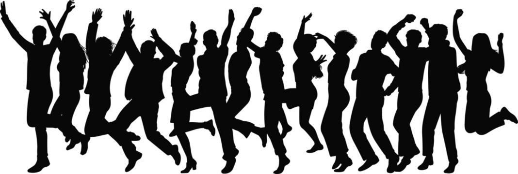 Silhouette group of happy people jumping and celebrating together, energetic crowd dance movement illustration, joyful party celebration scene artwork