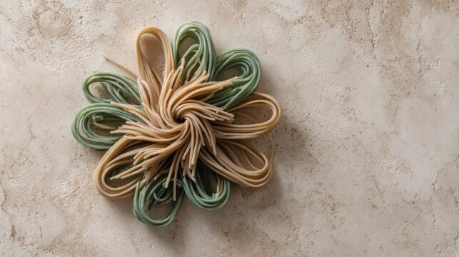Pasta arrangement overhead on textured surface culinary concept with copy space
