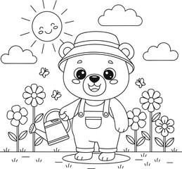 Cute Cartoon Teddy Bear Playing on the Beach Coloring Page Vector Illustration
