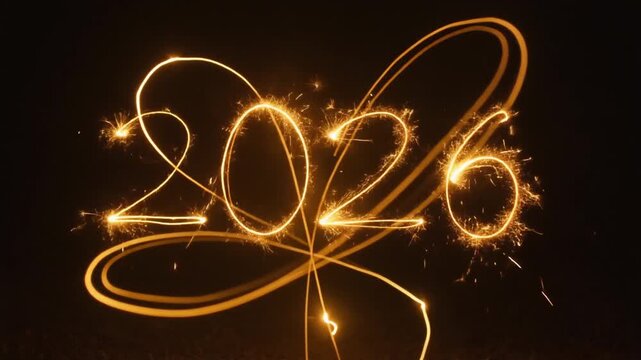 New Year 2026 Sparkler Light Painting on Black Background. Sparkler light painting of the year 2026 with a floral design on a black background, perfect for new year celebrations.