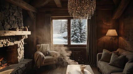 Cozy cabin with fireplace and snowy window view - Powered by Adobe