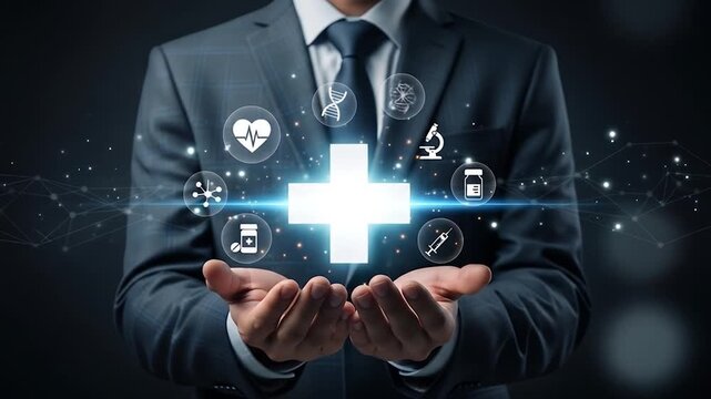 Professional presenting a radiant medical cross surrounded by health-related icons, symbolizing innovative digital healthcare solutions, global medical technology, and future wellness strategies