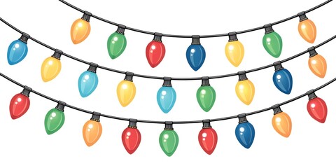 A string of colorful vintage christmas lights in red blue green and yellow illuminates the festive holiday season with a warm and inviting glow against a white background