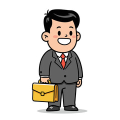 Smiling cartoon businessman in a suit and tie, holding a yellow briefcase. Vector illustration.