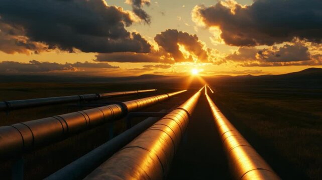 Energy Pipeline under Sunset: The setting sun casts a warm, golden glow on parallel energy pipelines stretching into the distance under a dramatic, cloudy sky.