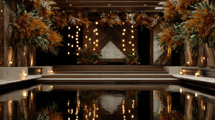 Elegant sangeet night venue features lush floral arrangements and ambient lighting creating romantic atmosphere for celebrations