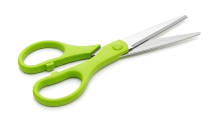 Green handled scissors sharp metal blades tool for cutting paper and crafts isolated on white