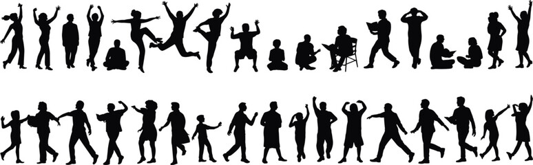 Silhouette group of people in various poses, active diverse individuals standing walking dancing reading sitting, expressive human figures collection