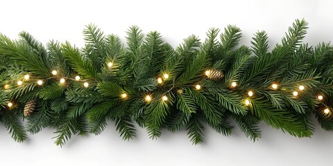 Festive garland of fresh green fir branches adorned with warm glowing fairy lights and pine cones perfect for winter holiday decoration and christmas celebration
